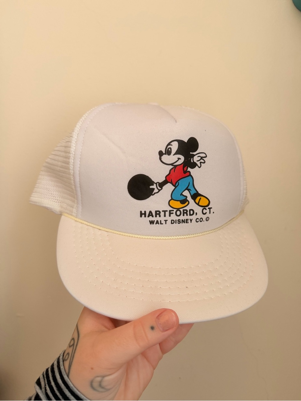 Vintage Walt Disney Co. White Mickey Mouse Bowling Trucker Hat